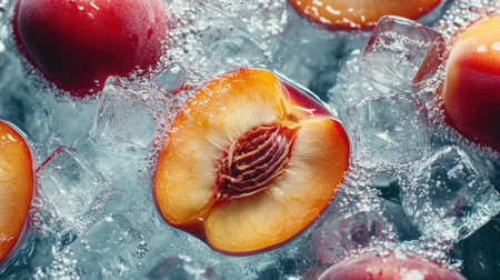 Discover the vibrant beauty of fresh peaches sliced and nestled among ice cubes, creating a refreshing and appetizing scene ideal for summer beverages or healthy snacks.の素材