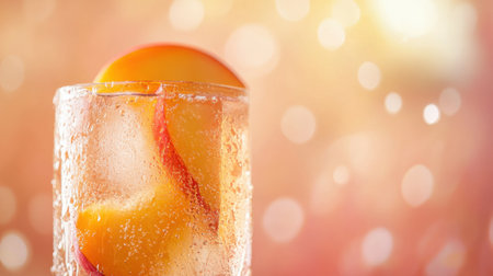 This vibrant sparkling drink features fresh peach slices, ideal for summer refreshment. Perfect for parties, brunch, or a relaxing moment on a sunny day.の素材