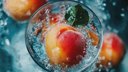 A vibrant glass bowl filled with fresh peaches creates a stunning splash in cool water. This refreshing scene showcases the juicy texture and natural beauty of summer fruit.の素材