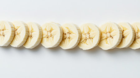 Freshly sliced bananas display a bright and inviting aesthetic on a clean white background. Ideal for various culinary uses, from smoothies to desserts.の素材