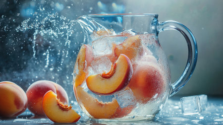 A vibrant glass jug filled with refreshing peach drink and ice, capturing a moment of splash. Perfect for summer, hydration, and food photography.の素材