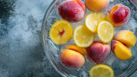 A vibrant arrangement of fresh peaches and lemon slices in an ice-cold water bowl, perfect for summer refreshment. The colorful display evokes a sense of health and vitality.の素材