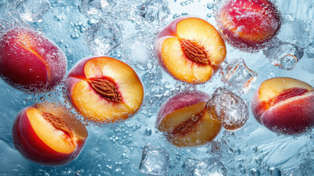 A stunning display of fresh nectarines splashing into clear water, surrounded by ice cubes. This image captures the essence of summer and healthy eating.の素材
