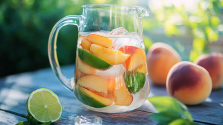 A beautiful glass pitcher filled with fruit-infused water showcases vibrant slices of lime, apple, and peach. Perfect for summer gatherings and hydration.の素材
