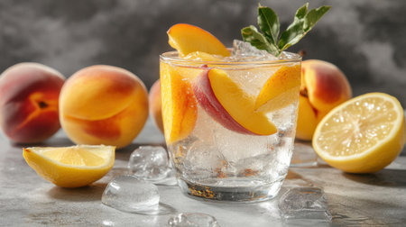 A vibrant and refreshing peach lemonade drink served in a clear glass, filled with ice and garnished with peach slices and lemon. Perfect for summer!の素材