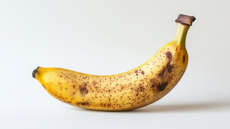 A ripe yellow banana with brown spots artfully arranged on a light background, ideal for healthy food concepts and nutritional themes in photography.の素材