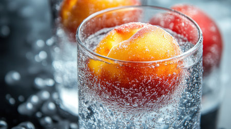A vibrant peach floats in sparkling water, surrounded by refreshing bubbles and cool ice cubes, perfect for summer hydration and enjoyment.の素材