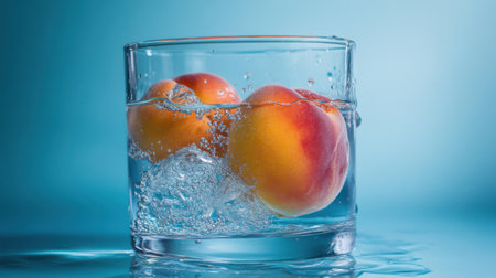 Fresh peaches create a stunning splash in clear water, showcasing a vibrant and refreshing scene, perfect for promoting healthy eating and summer vibes.の素材
