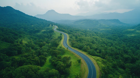 A breathtaking aerial view of a winding road curving through a lush green mountain landscape, showcasing the beauty of nature and inviting exploration.の素材