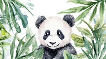 This charming watercolor illustration features a cute panda peeking through lush green foliage, capturing the essence of wildlife and innocence in art.の素材