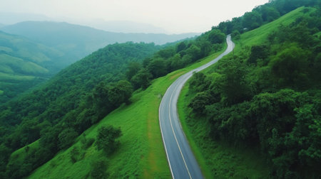 A winding road meanders through verdant hills, surrounded by misty mountains. This scenic landscape captures the essence of peaceful travel, inviting exploration.の素材