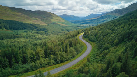 A beautiful aerial view captures a winding road through lush green forests and majestic mountains, showcasing the tranquility and beauty of nature.の素材