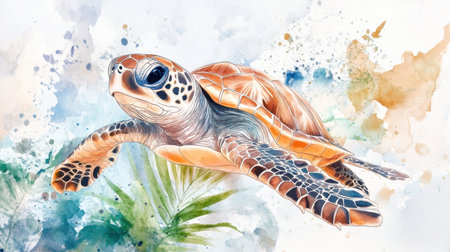 This vibrant illustration showcases a sea turtle gliding through a colorful watercolor background. Perfect for ocean-themed art or conservation projects.の素材