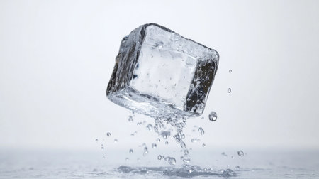 A stunning image of a crystal clear ice cube splashing with water droplets in a studio setting, capturing the essence of refreshment and coolness in an artistic way.の素材