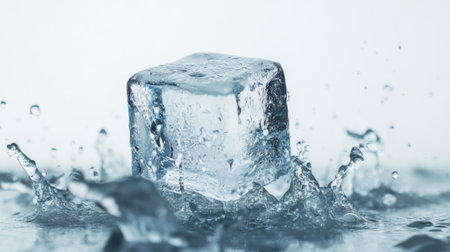 A stunning image of a clear ice cube splashing dramatically in water, showcasing the beauty and movement of ice in liquid. Perfect for refreshing themes.の素材