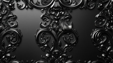This elegant black ornate design features intricate flourishes and swirls, creating a luxurious and sophisticated wall texture perfect for upscale interiors.の素材