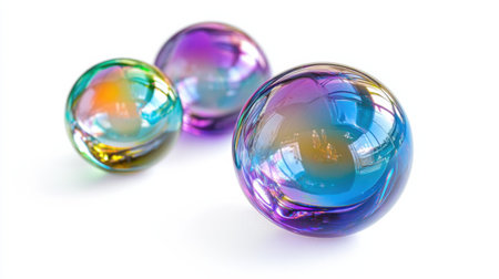 Beautifully crafted colorful glass spheres creating mesmerizing reflections on a clean white surface, ideal for modern design and artistic concepts.の素材