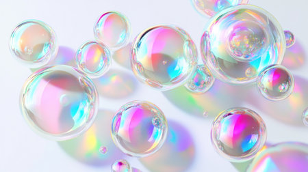 A stunning collection of colorful soap bubbles gently floating on a pristine white background. The iridescent surfaces create a playful and dreamy atmosphere.の素材