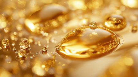 This close-up image showcases glimmering golden oil droplets on a smooth surface, creating an elegant and soothing aesthetic. Perfect for beauty and culinary projects.の素材