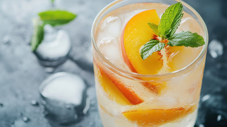 A refreshing summer drink featuring juicy peach slices and a mint garnish, served over ice in a clear glass, perfect for hot days. Ideal for gatherings.の素材