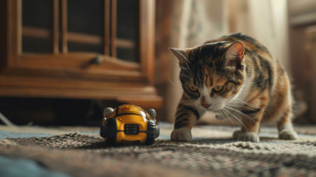A playful cat is curiously investigating a bright yellow toy car in a cozy living room setting, showcasing the charm of feline curiosity and playful behavior.の素材