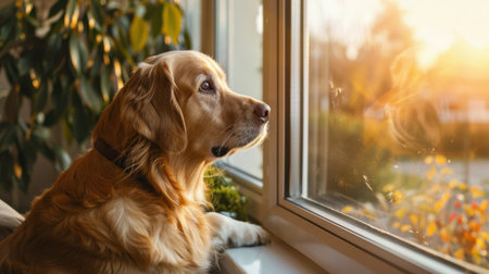 A golden retriever dog gazes out the window during sunset, embodying tranquility and curiosity. This beautiful moment captures the bond between pets and home.の素材