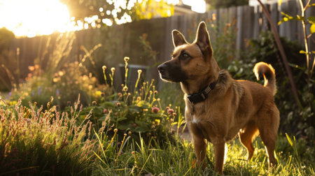 A charming dog stands in a garden, basking in warm sunlight among colorful flowers. The serene scene speaks to the beauty of nature and companionship.の素材