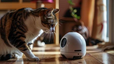 A curious cat approaches a sleek interactive robot in a cozy living room setting, capturing the essence of modern pet technology and playful companionship.の素材