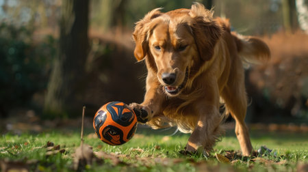 A lively golden retriever dog joyfully chases a vibrant ball in a sunny park. This playful scene captures the exuberance and energy of dogs enjoying the outdoors.の素材