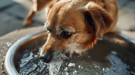 A charming close-up of a dog drinking water from a bowl in a sunny outdoor setting, capturing the essence of hydration and joy in a playful moment.の素材