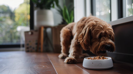 A charming dog enjoying a meal from a modern automatic pet feeder in a cozy home setting. The warm atmosphere reflects a loving interaction between pet and owner.の素材