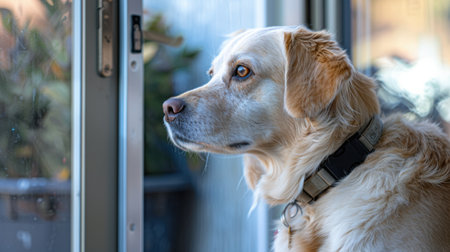 A serene golden retriever gazes thoughtfully outdoors through a glass window, exhibiting a calm demeanor and a gentle expression, perfect for pet lovers.の素材