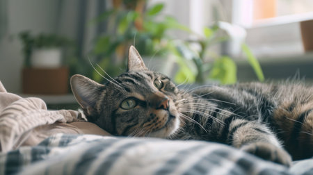A serene tabby cat lies on a soft bed, captured in warm sunlight. The cozy indoor setting features green plants, creating a peaceful atmosphere.の素材