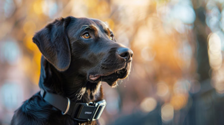 A beautiful black dog sits attentively in warm autumn sunlight, showcasing its gleaming coat and thoughtful expression, embodying loyalty and companionship.の素材
