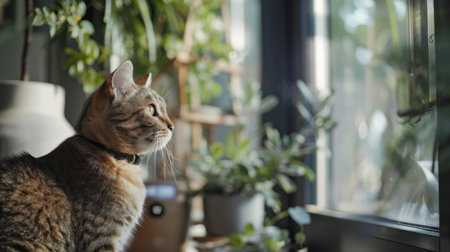 A curious cat sits by a window, observing the outdoors amidst lush green plants, capturing a moment of tranquility and cozy indoor life.の素材