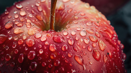 This close-up image features a fresh red apple adorned with sparkling water drops. The composition showcases the appleの素材