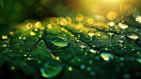 A stunning close-up image showcasing raindrops on a green leaf illuminated by soft sunlight, creating a beautiful bokeh effect and a serene atmosphere.の素材