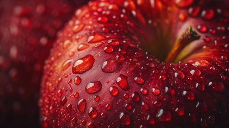A stunning close-up of a fresh red apple glistening with water droplets, showcasing its vibrant color and natural texture, perfect for food photography projects.の素材