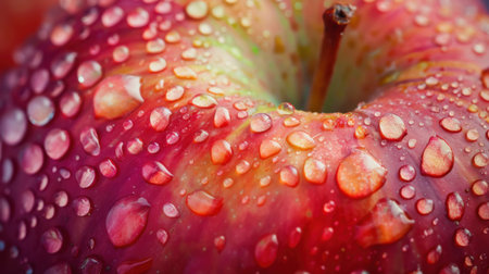 This close-up image showcases a vibrant red apple adorned with glistening water droplets, highlighting its freshness and appealing texture perfect for health-related themes.の素材
