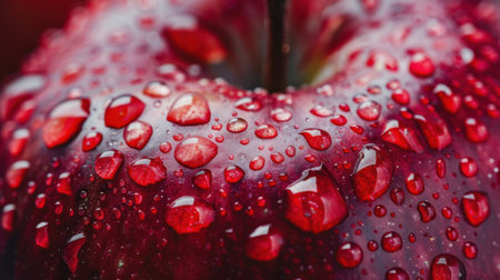 A stunning close-up image of a fresh red apple covered in sparkling water droplets, showcasing exquisite texture and vibrant colors. Perfect for food-related themes.の素材