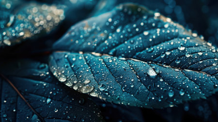 Close-up of green leaves adorned with sparkling dew drops, capturing the essence of nature in the early morning light. A serene and fresh view.の素材