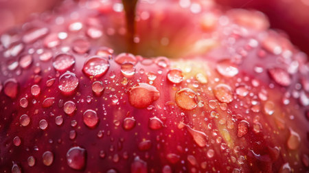 This close-up image captures a fresh red apple adorned with glistening water droplets, highlighting its vibrant color and natural texture, perfect for food-related content.の素材