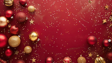 Vibrant red background adorned with shiny Christmas ornaments and sparkling glitter. Perfect for holiday themes, winter celebrations, and festive decorations.の素材