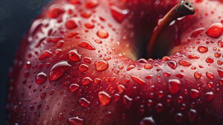 A close-up view of a fresh red apple covered in glistening water droplets, showcasing vibrant colors and textures, perfect for food-related themes.の素材