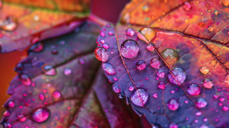 A stunning close-up view of colorful leaves adorned with glistening water droplets, showcasing nature's beauty and vibrant colors in a tranquil setting.の素材