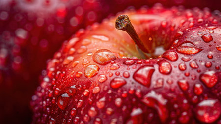 This vibrant close-up captures a fresh red apple covered in water droplets, showcasing its glossy surface and inviting texture, perfect for healthy lifestyle themes.の素材