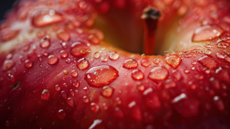 This vivid close-up image showcases a red apple adorned with glistening water droplets, highlighting its fresh and juicy appearance, perfect for food-related projects.の素材