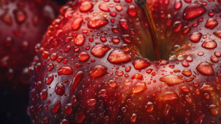 Close-up image of a fresh red apple with water droplets on its surface, showcasing vibrant colors and textures perfect for food-related projects or healthy lifestyle themes.の素材