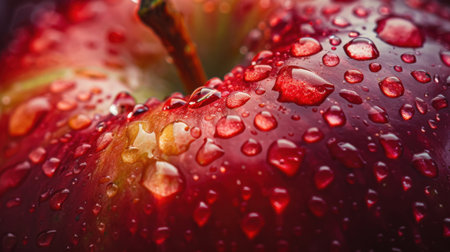 This close-up image showcases a fresh red apple with glistening water droplets. The vibrant colors highlight its juicy texture, perfect for nutrition-themed projects.の素材