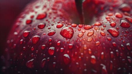 A stunning close-up of a fresh red apple adorned with glistening water droplets, showcasing its rich texture and vibrant color. Perfect for healthy food themes.の素材